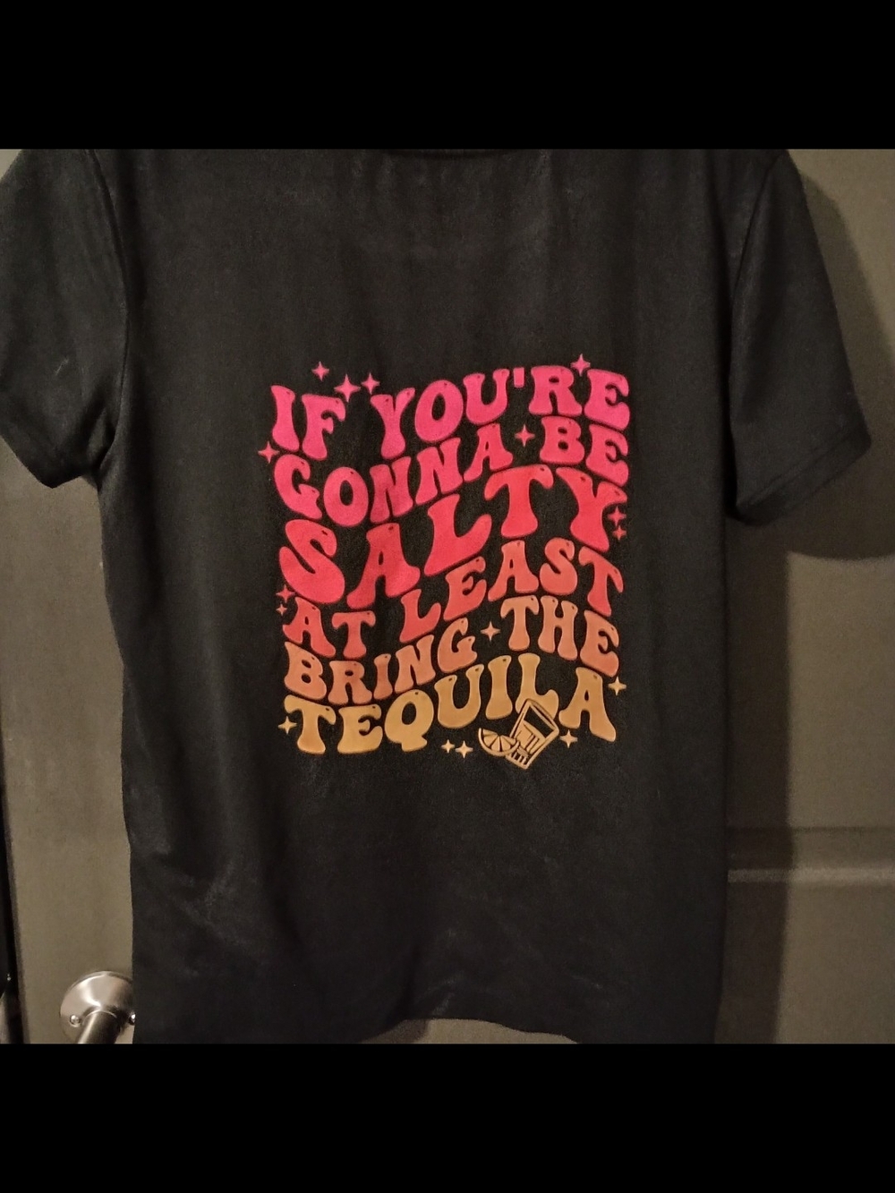Tequila Black Graphic Tee with Pink and Orange Ombré Text